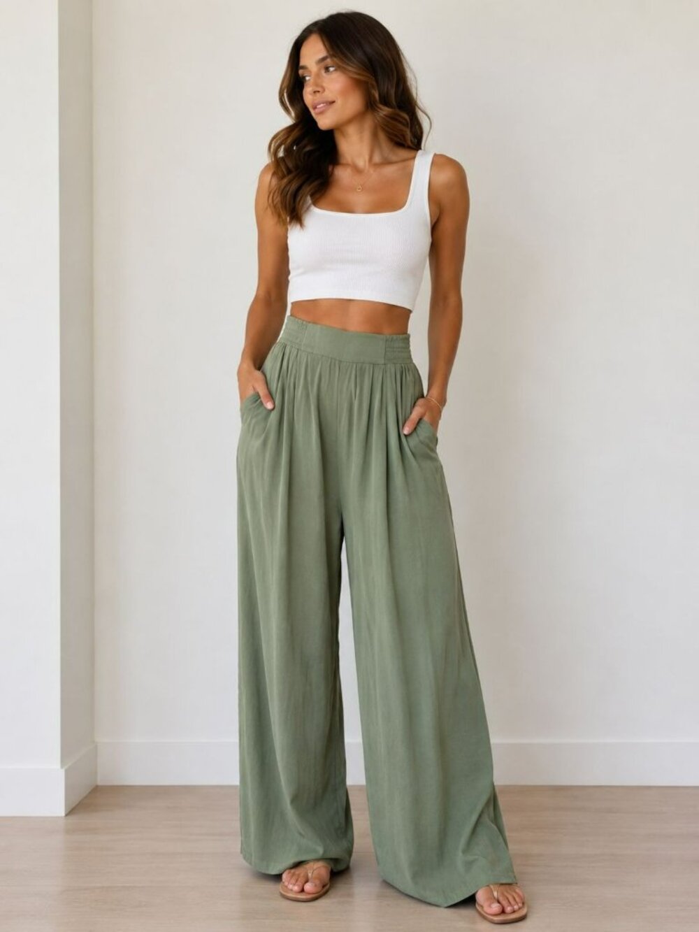 Mable Sage Green Wide-Leg High Waist Palazzo Pants Size L Summer Beach